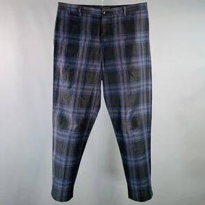 TOMORROWLAND Size M Navy Black Tan Plaid Linen Cotton Button Fly Dress Pants